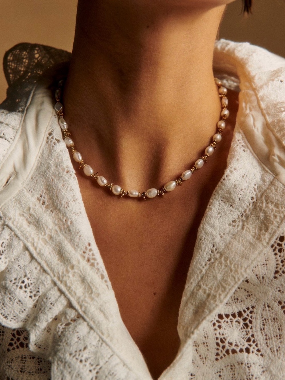 Sézane Gold Pearl Beaded Necklace